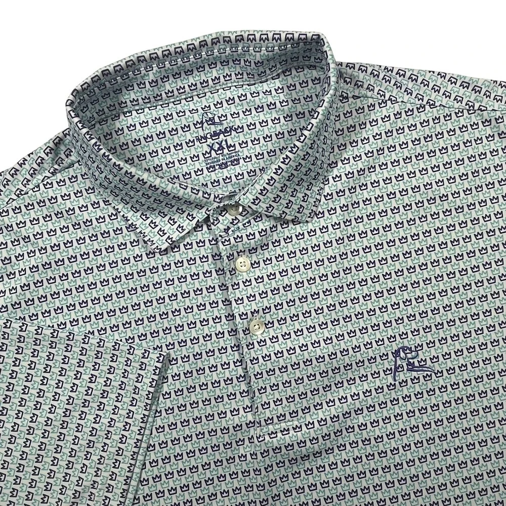 Rhoback Polo Shirt Mens XXL White Navy Teal Crown Print Performance Golf Preppy